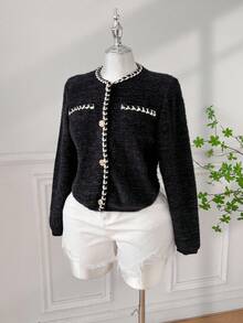 SHEIN EZwear 大码优雅通勤开衫，带丝带装饰 - 黑色 - 查看 3