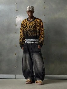 NEON BLANC 男士时尚斑马纹短款毛衣，秋冬款，情侣装，长袖上衣 - 黑色 - 查看 6