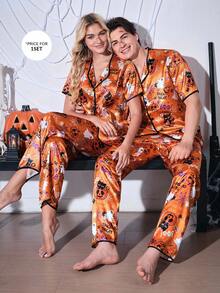 CoupledUp Halloween Themed Print Faux Silk Men Pajama Set - Orange - View 4