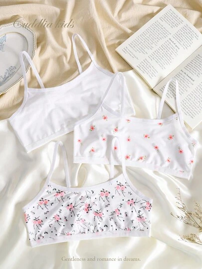 3 件套女童碎花吊带背心内衣套装，基本款吊带背心文胸套装，适合外穿或分层穿着