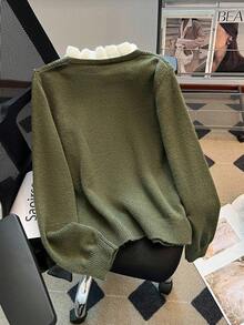 Franclia French Casual Style Olive Green V-Neck Ruffled Trim Pom Pom Knit Pullover Sweater