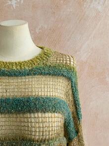 Soleia Frauen Große Größen Farbverlauf gestreifter Pullover mit Ausschnitten, Rundhalsausschnitt, Langarm, Herbst Winter Kleidung für Frauen - Verschiedenfarbig - Übersicht 8