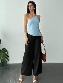 Firerie 全新优雅杏色亚麻不对称下摆褶饰腰部露背休闲衬衫，春夏 - 藍色 - 查看 7