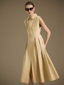 Ontre 2025 秋冬新款优雅浪漫都市时尚百搭办公室通勤商务休闲连衣裙，适合婚礼嘉宾、派对、音乐会、早午餐、机场、日常时尚，卡其色领子，前拉链，腰部褶皱，喇叭形下摆，女装，适合万圣节、圣诞节优雅知性的女性婚礼嘉宾礼服套装和美丽的法式休闲高端知性优雅老钱风格巡航服装度假装四季 - 黃色 - 查看 2
