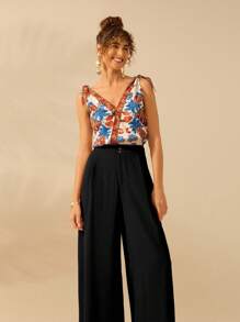 CAJUNI 女士宽松阔腿休闲裤，海滩度假夏季长裤 - 黑色 - 查看 7