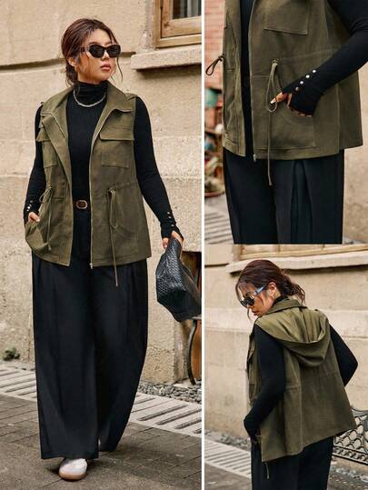 Calvaya 大码女式时尚畅销实用口袋无袖休闲抽绳腰部拉链连帽夹克