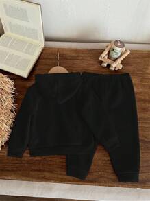 SHEIN 爸爸的小女孩❤女婴针织柔软连帽休闲宽松长袖运动衫和裤子两件套 - 黑色 - 查看 2