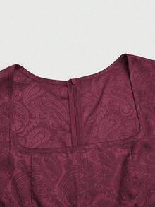 Fairmaia German Traditional Elegant Jacquard Collar Self-Tie Belt Flared Hem Dress For Women, Halloween - Burgundy - View 5