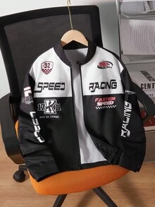 青少年男童印花立领夹克，适合街头服饰和休闲服饰 - 黑色 - 查看 1