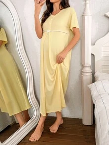 Moonlight&Mama 休闲纯色圆领短袖孕妇装 - 黃色 - 查看 4