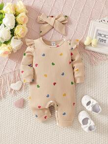 SHEIN 情人节新生儿爱心印花连体衣，舒适针织休闲连体衣，配发带，秋冬季款 - 卡其色 - 查看 3
