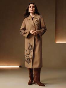 Anewsta 女士优雅奢华卡其色大衣，带刺绣珍珠装饰，适合秋冬、圣诞节、新年、派对，优雅、奢华、正式、别致 - 卡其色 - 查看 7