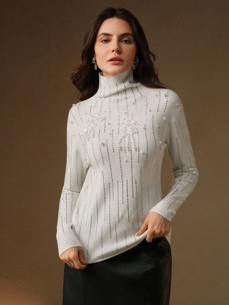 Elegant Luxury High-End Design Embellished Floral High Neck Sweater With Rhinestones, Autumn/Winter