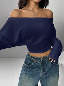 SHEIN EZwear 大码休闲纯色露肩短款运动衫 - 藏蓝色 - 查看 6