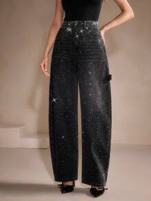 Anewsta Jeans sueltos de estilo callejero con bolsillos en diagonal, negros y con adornos de strass para mujer - Negro - Ver 6