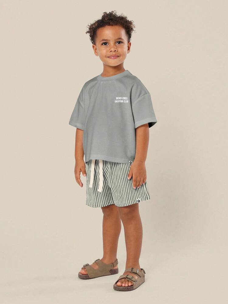 Casual Lemon Print T Shirt With Striped Shorts