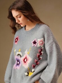 Anewsta Women's Embroidered Floral Knit Pullover Sweater,Gray,Autumn,Elegant,Brunch,Chic Fall Winter Formal Party New Year Christmas Work Wedding - Grey - View 3