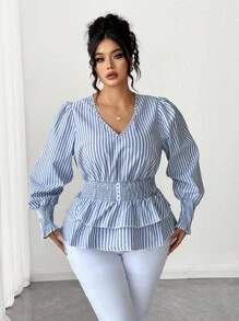 Elenzga Blusa Feminina com Decote em V, Cintura Marcada e Bainha Evasê, Uso Casual - Azul e Branco - Visão 6