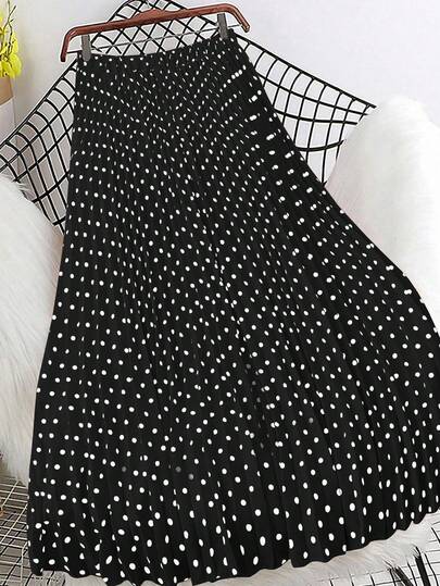 SHEIN Clasi 大码缎面圆点印花百褶裙