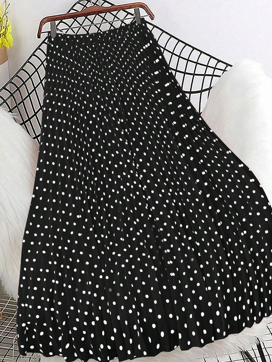SHEIN Clasi Falda plisada con estampado de lunares de satén de talla grande - Negro - Ver 1