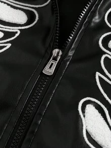 PAVTROS Manfinity Streetrush 男士长袖哥特骷髅刺绣PU拉链连帽夹克，Y2K街头风，Emo拉链夹克，万圣节外套，时尚百搭男友礼物，印花拉链Emo哥特骷髅夹克，秋冬款 - 黑色 - 查看 6