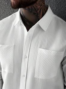 Manfinity Homme Camisa Social Casual de Manga Longa com Botões e Cor Sólida para Homens, Camisa Social Casual de Manga Longa com Botões, Textura de Cor Sólida, Bolsos Duplos e Amassado para Homens, Outono - Branco - Visão 3