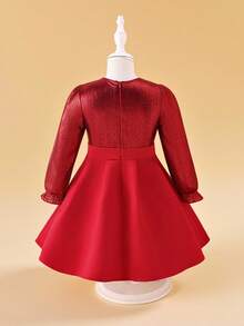 Glamorique Kids Young Girls' Autumn/Winter New Metallic Satin Wedding Dress Design Elegant Party Long Sleeve Dress,Christmas Dress Fall - Burgundy - View 2