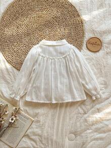 Vintaside Kids 女婴休闲可爱花卉刺绣翻领长袖衬衫，适合春夏秋季 - 米色 - 查看 2