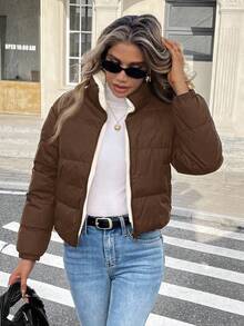 Siren Gaze 女士休闲立领保暖内衬夹克，冬季百搭 - 巧克力棕 - 查看 4