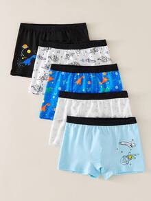 5pcs/Pack Young Boy Astronaut, Rocket, Dinosaur Graphic Soft Basic Breathable Briefs - Multicolor - View 4
