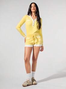 Menodora SHEIN Sport 秋冬女式撞色长袖 Polo 领休闲抽绳腰针织连体衣 - 黃色 - 查看 3