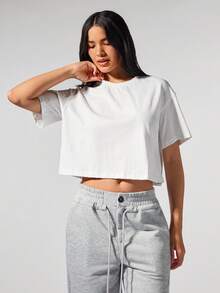 Fluxe 休闲纯色针织圆领短袖宽松短款女式 T 恤