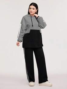 Veilorie Two Tone Striped Side Drawstring Hoodie & Pants Set 2 Pieces Set - Dark Grey - View 4