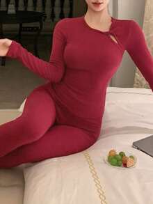 DAZY 简约镂空领设计舒适针织修身女士睡衣套装，秋季衣服 - 玫紅色 - 查看 6