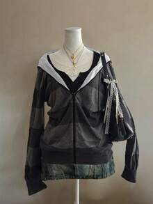 Attitoon Sudadera con capucha de ajuste holgado con cremallera, estilo minimalista casual punk, ligera y con capas, con estampado floral y de rayas, adecuada para otoño/invierno, con estilo vintage retro, sexy, lindo, Y2K, bohemio, hippie, festival de música, punk, Y2K, estilo Harajuku