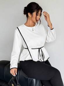 Firerie Plus Size Contrast Color Trim Round Neck Long Sleeve Tie Front Casual Fashion Shirt - White - View 5