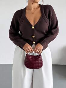 Firerie 秋冬大码纯色前扣长袖休闲针织开衫 - 棕色 - 查看 9