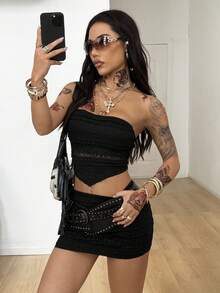 Coolane 女士夏季节日街头服饰西部风波西米亚海滩装 Y2K Gyaru 蕾丝修身抹胸和荷叶边半身裙白色两件套服装 - 黑色 - 查看 7