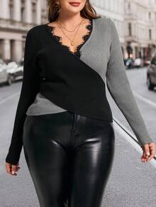 SHEIN Clasi ملابس علوية نسائية كبيرة الحجم بياقة على شكل حرف V وأكمام طويلة، بتصميم متباين الألوان، كلاسيكي وعملي ومريح، ملابس علوية تريكو للنساء، ملابس علوية سوداء مصنوعة من التريكو، ملابس علوية تريكو للنساء، ملابس علوية بلونين مناسبة للخريف والشتاء - الأسود - مشاهدة 5