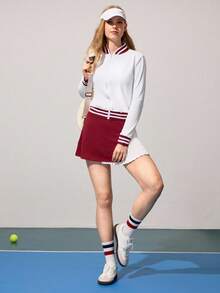 CourtClass Women's Contrast Striped Trim Zip-Up Baseball Jacket, Sports Jacket - White - View 7