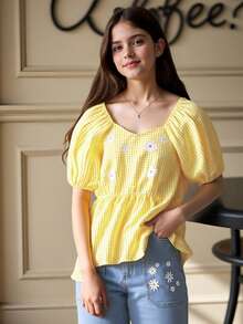 Tween Girl Plaid Daisy Printed Puff Sleeve Shirt With Jeans Set For Holiday And Leisure