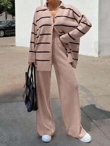 EURMUSE Bộ áo len cardigan kẻ sọc và quần dài cho nữ - Màu hồng gỉ - Xem 3