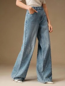 Anewsta 时尚水洗水钻装饰阔腿牛仔裤 - 藍色 - 查看 5