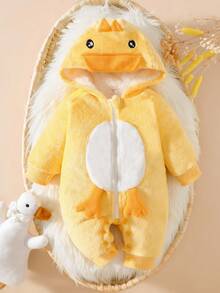 SHEIN Baby Autumn/Winter Plush Thickened Hooded Romper, Cute Duck Design Outerwear Fall