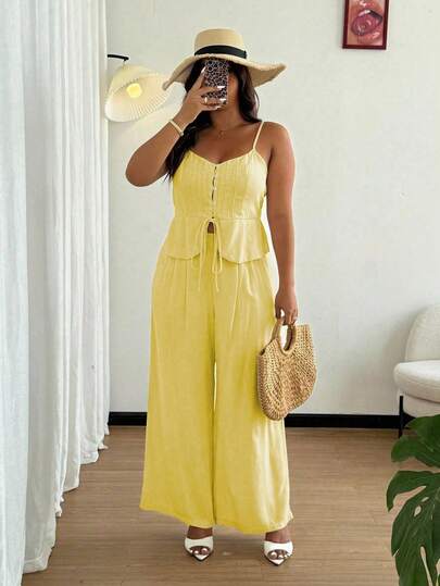 SHEIN SunnyBelle Plus Size 2pcs/Set Women's Casual Minimalist Linen Camisole & Pants Set, Summer