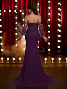 Glamrae Elegante, lujoso, de moda, morado oscuro, vestido de tela de punto elástica con costuras de encaje con lentejuelas, cintura ceñida, con ballenas, busto acolchado, con cola, adecuado para vacaciones, boda, despedida de soltera, baile formal, evento de celebración, cena formal, Día de San Valentín - Morado - Ver 5