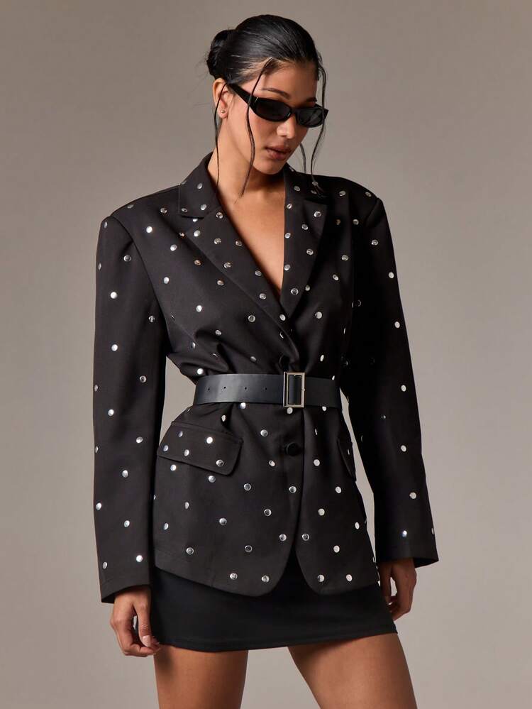 Studded Oversized Blazer With Belt And Double Buttons
