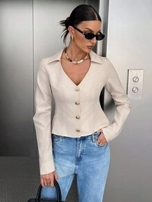 Siren Gaze Casual Commuter Solid Color Metal Buckle Waist Jacket In Fall/Winter - Apricot - View 9