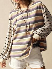 Bohemela Casual Striped Patchwork Design Loose Fit Crew Neck Long Sleeve Sweatshirt For Women In Fall/Winter