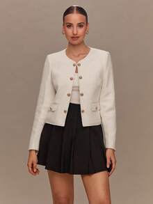 Enchnt 女士优雅金属纽扣设计长袖夹克，秋季 - 白色 - 查看 5